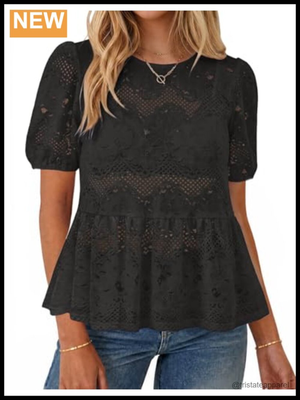 Women's Lace Peplum Babydoll Top Short Puff Sleeve Hollow Out Boho Blouse